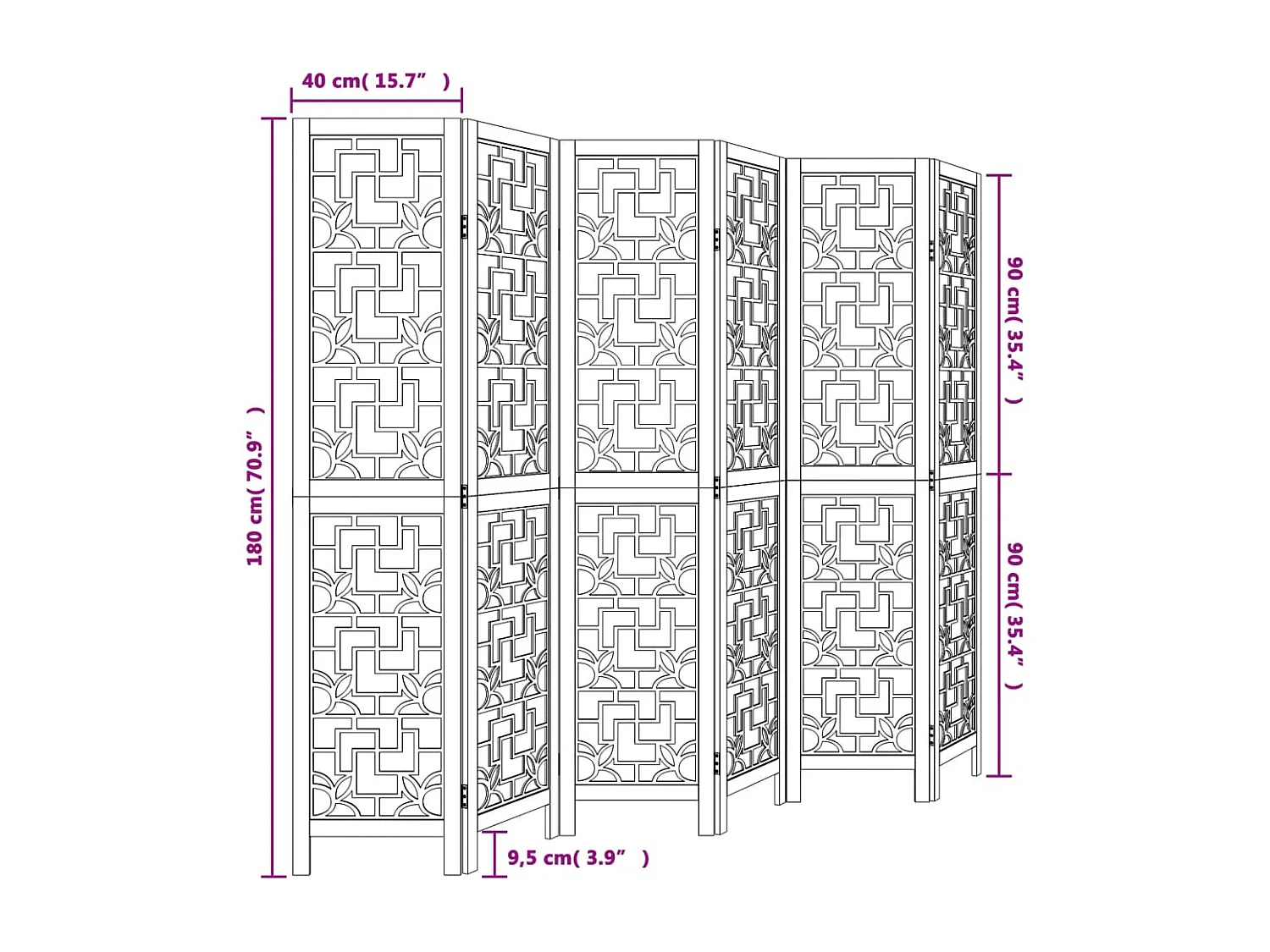 Tabique divisorio de 6 paneles en madera maciza de paulownia marrón