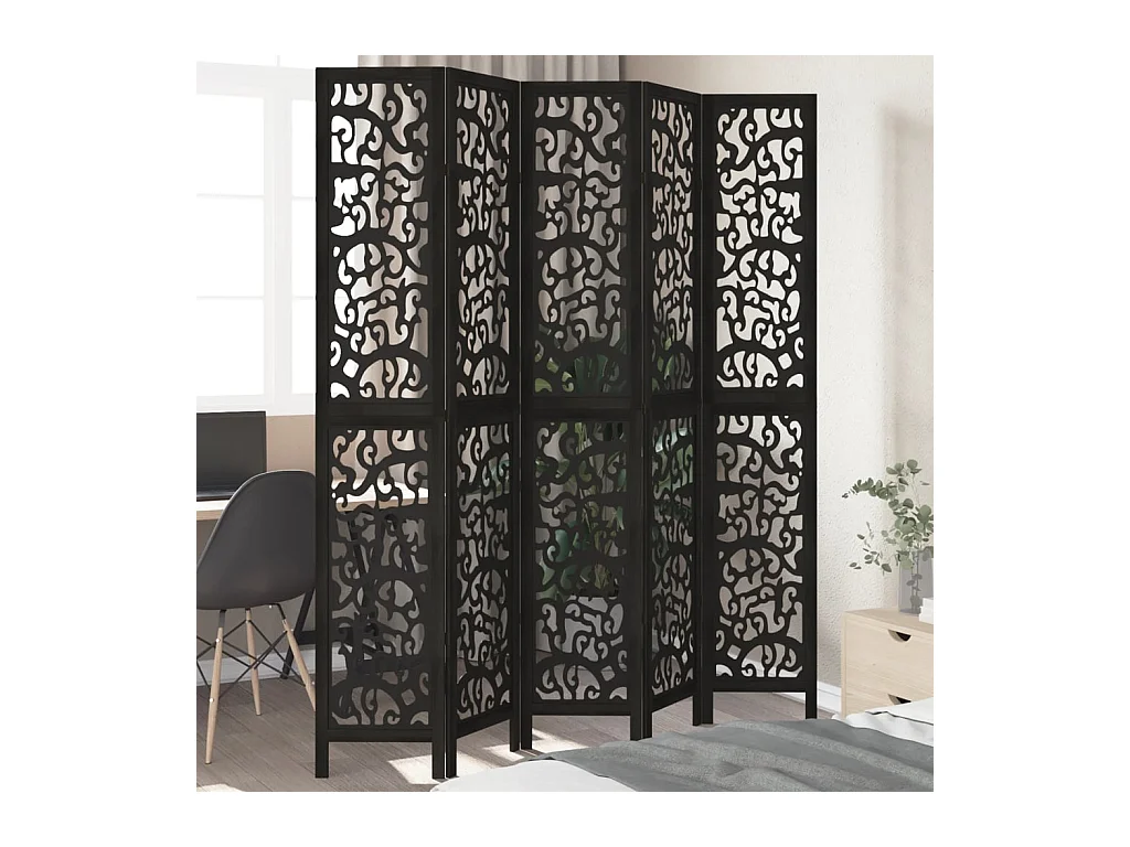 5-delige scheidingswand in zwart, massief paulowniahout