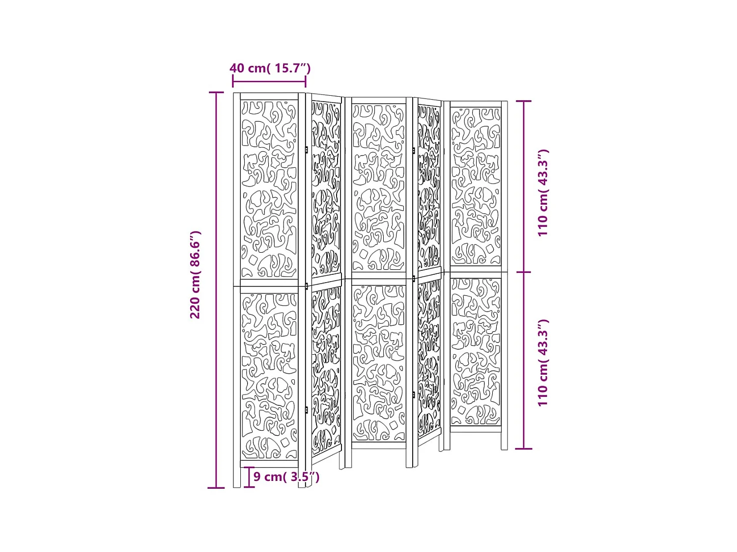 5-delige scheidingswand in zwart, massief paulowniahout