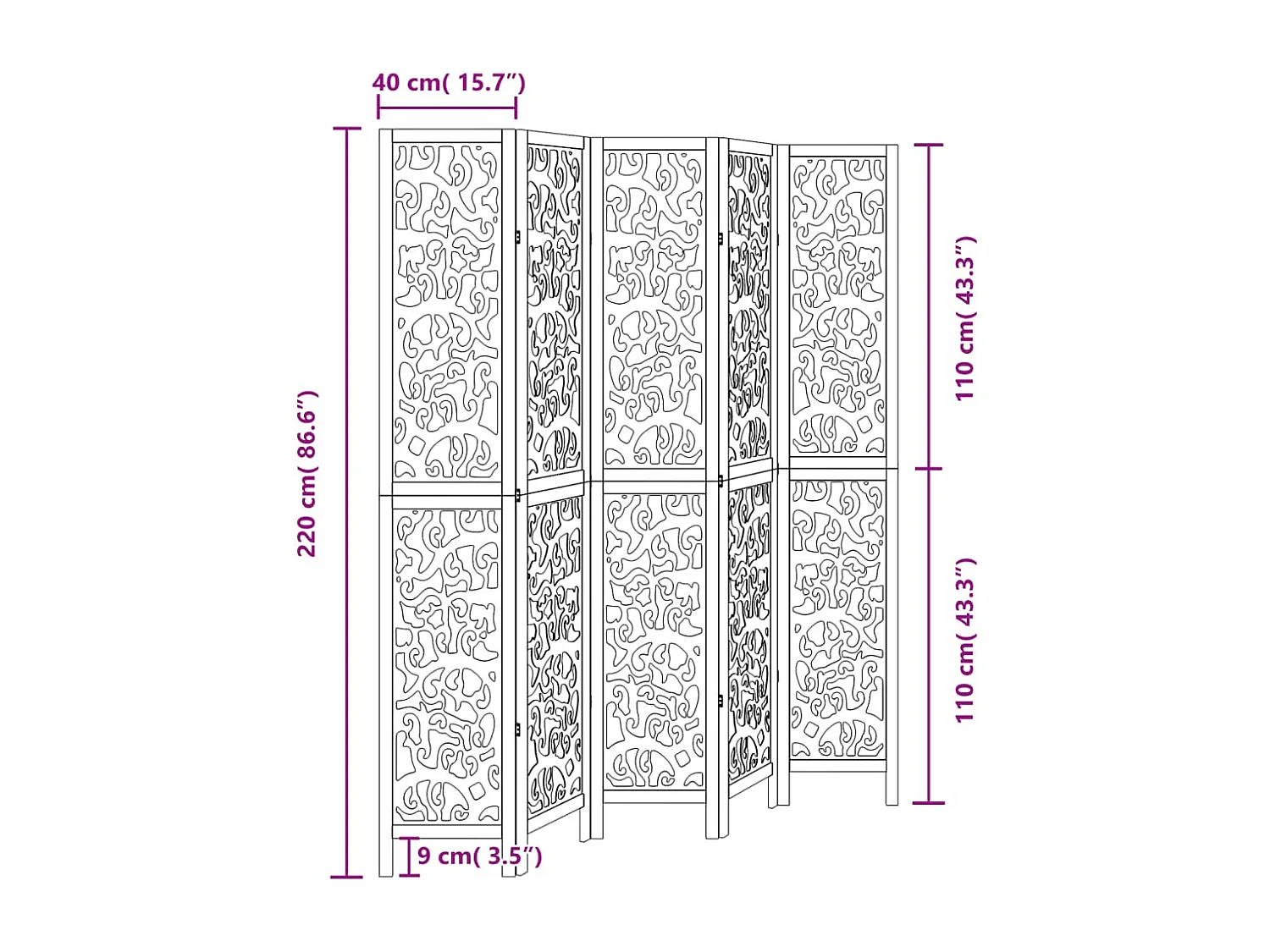 Parete divisoria a 5 pannelli in legno massello di paulonia nero