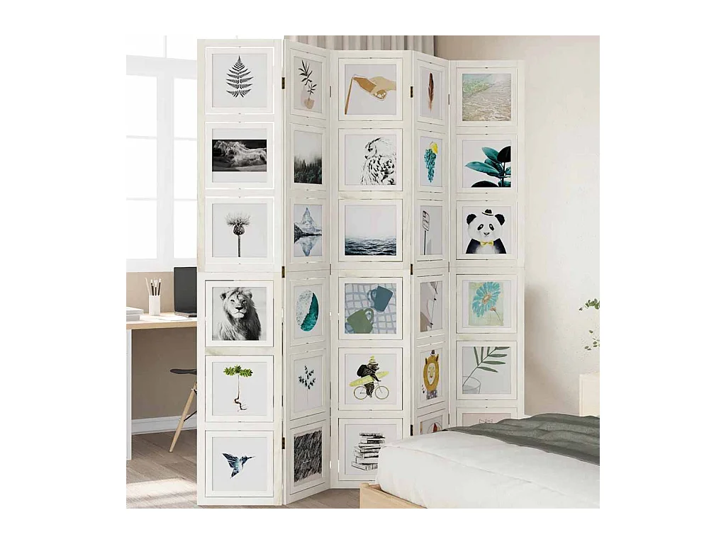 Parete divisoria a 5 pannelli in legno massello di paulonia bianco