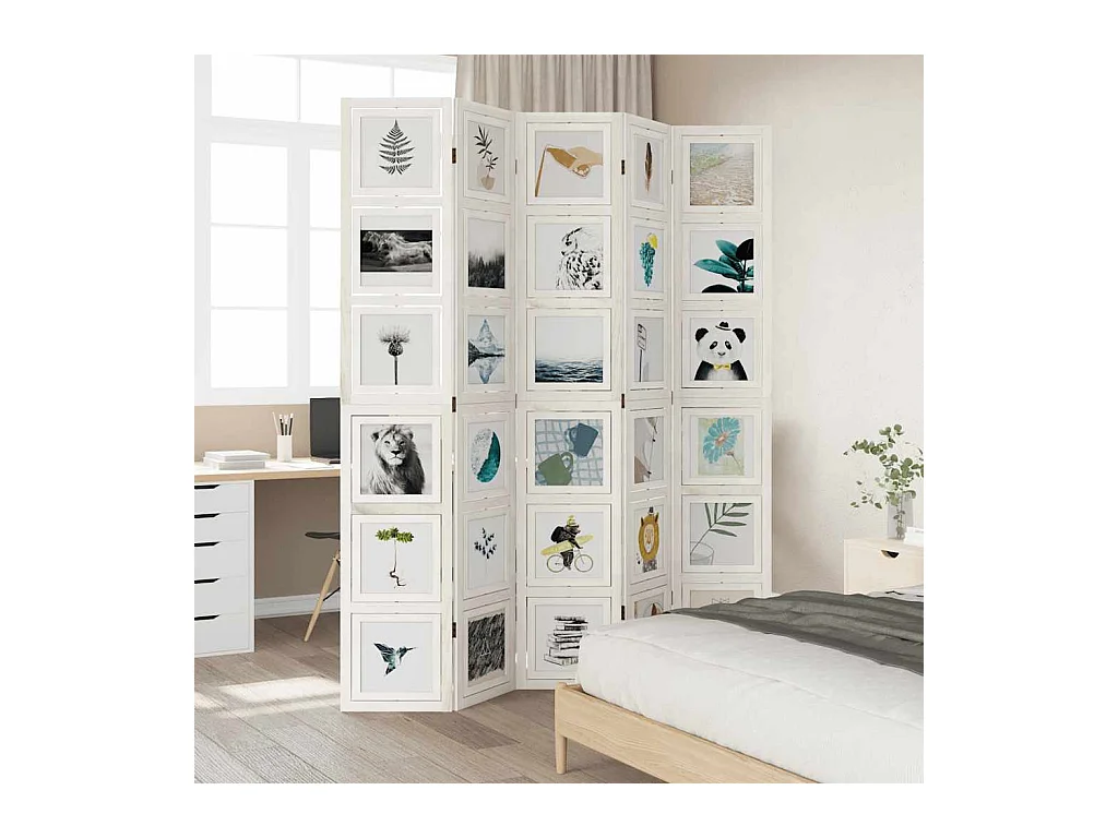 Parete divisoria a 5 pannelli in legno massello di paulonia bianco