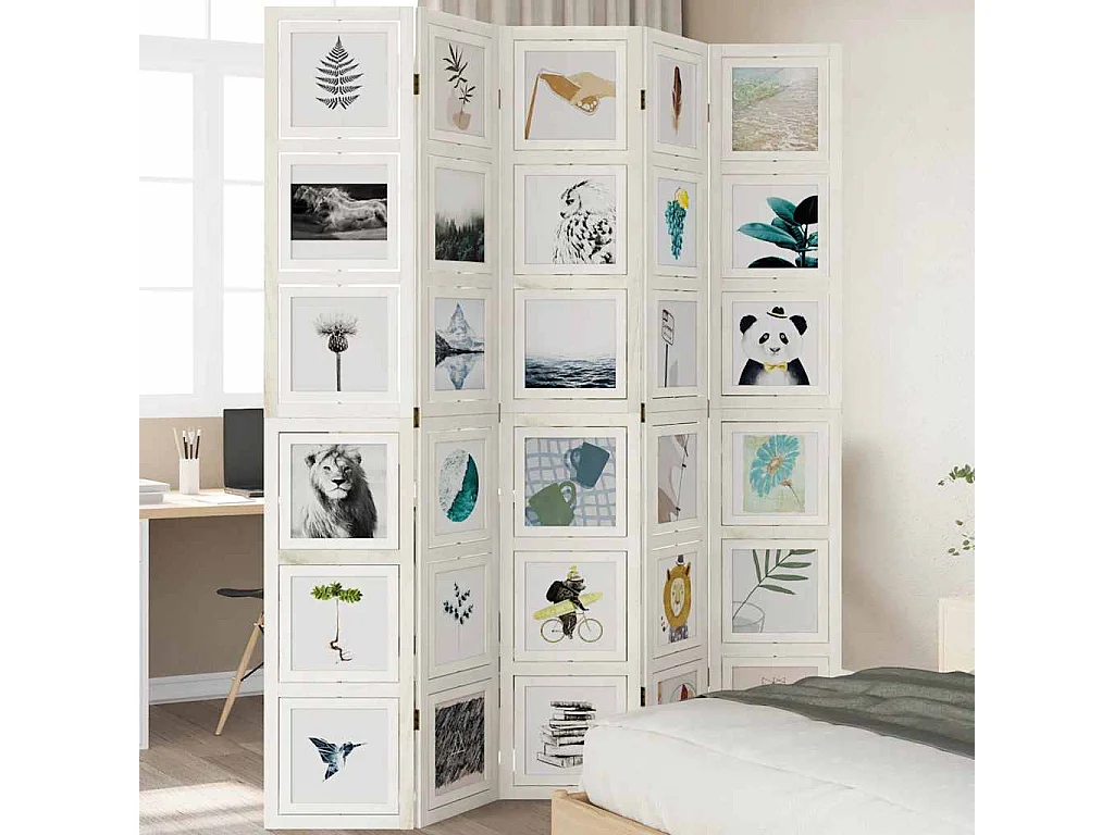 Parete divisoria a 5 pannelli in legno massello di paulonia bianco