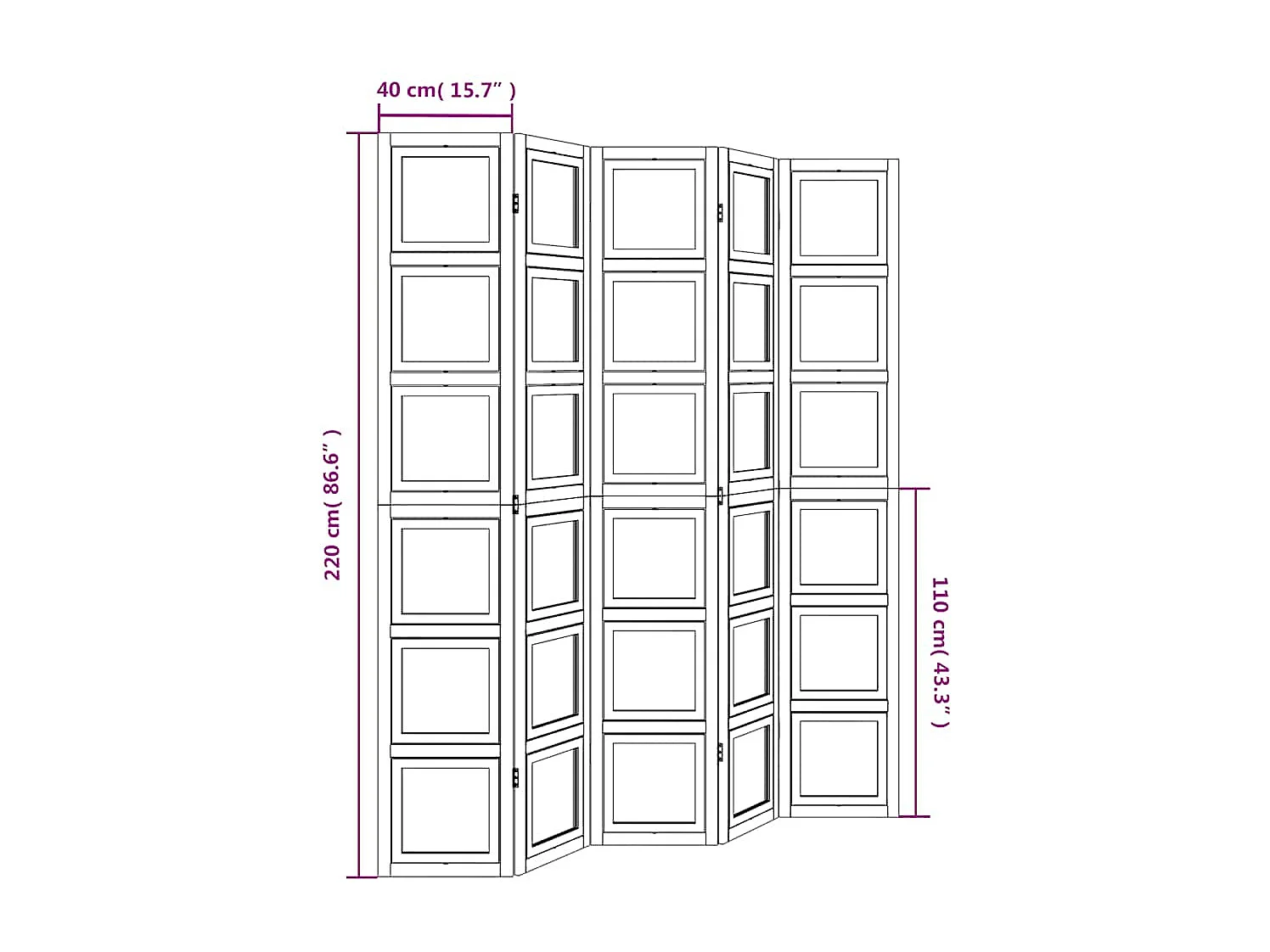 Parete divisoria a 5 pannelli in legno massello di paulonia bianco