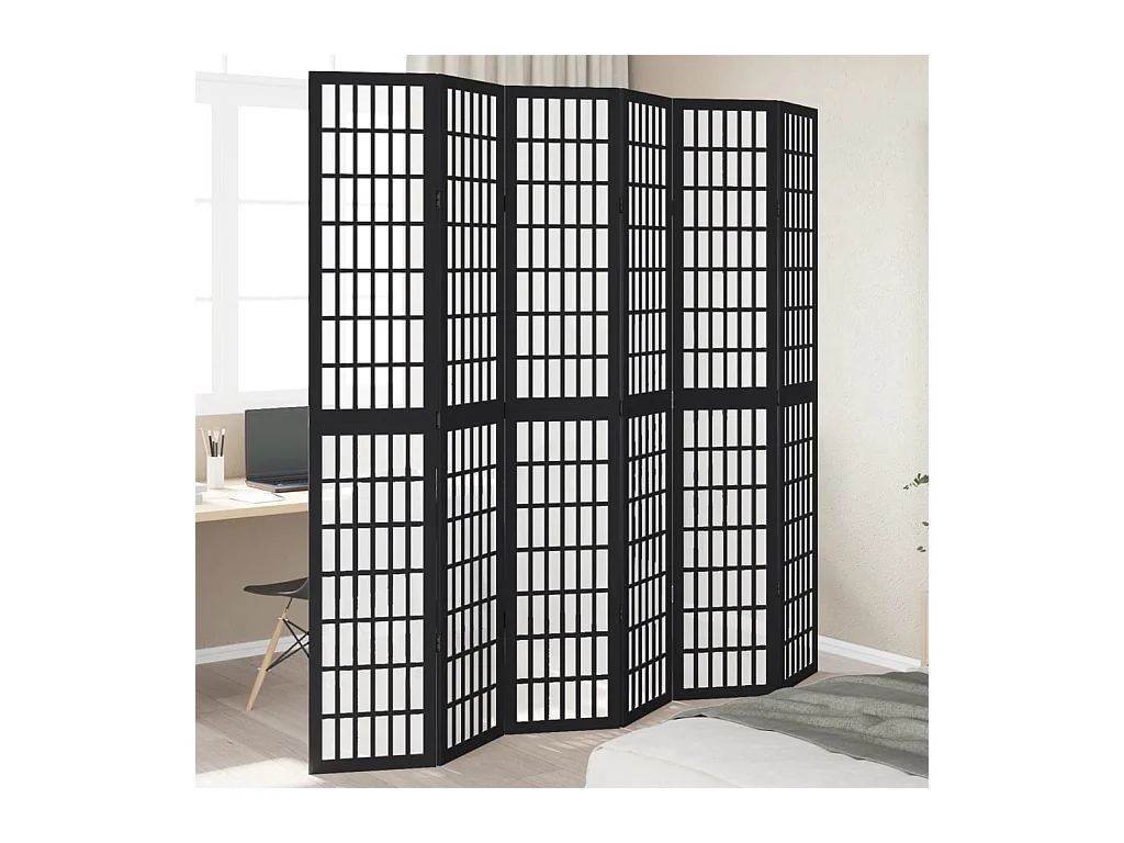 Cloison de séparation 6 panneaux noir bois de paulownia massif