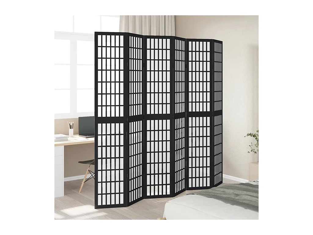 Cloison de séparation 6 panneaux noir bois de paulownia massif