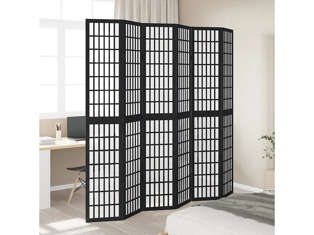 Cloison de séparation 6 panneaux noir bois de paulownia massif