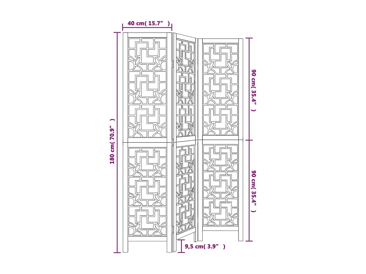 Tabique divisorio de 3 paneles en madera maciza de paulownia marrón