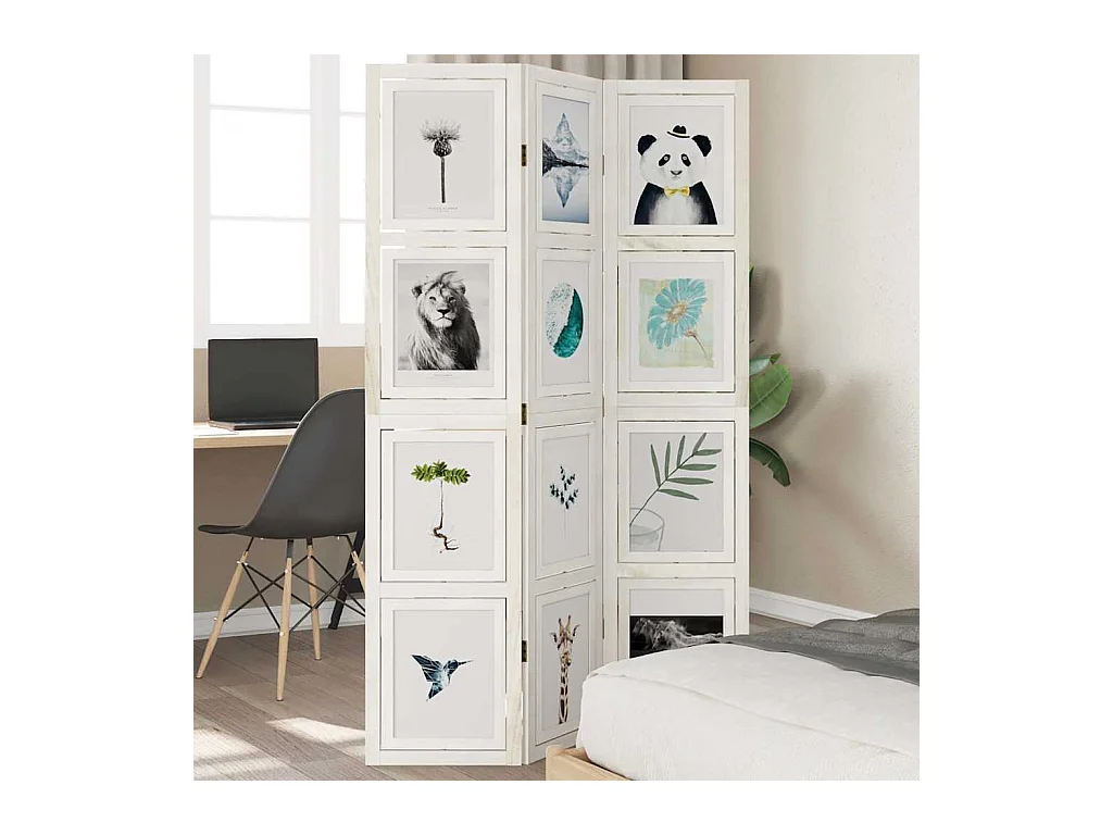 3-delige scheidingswand in wit, massief paulowniahout