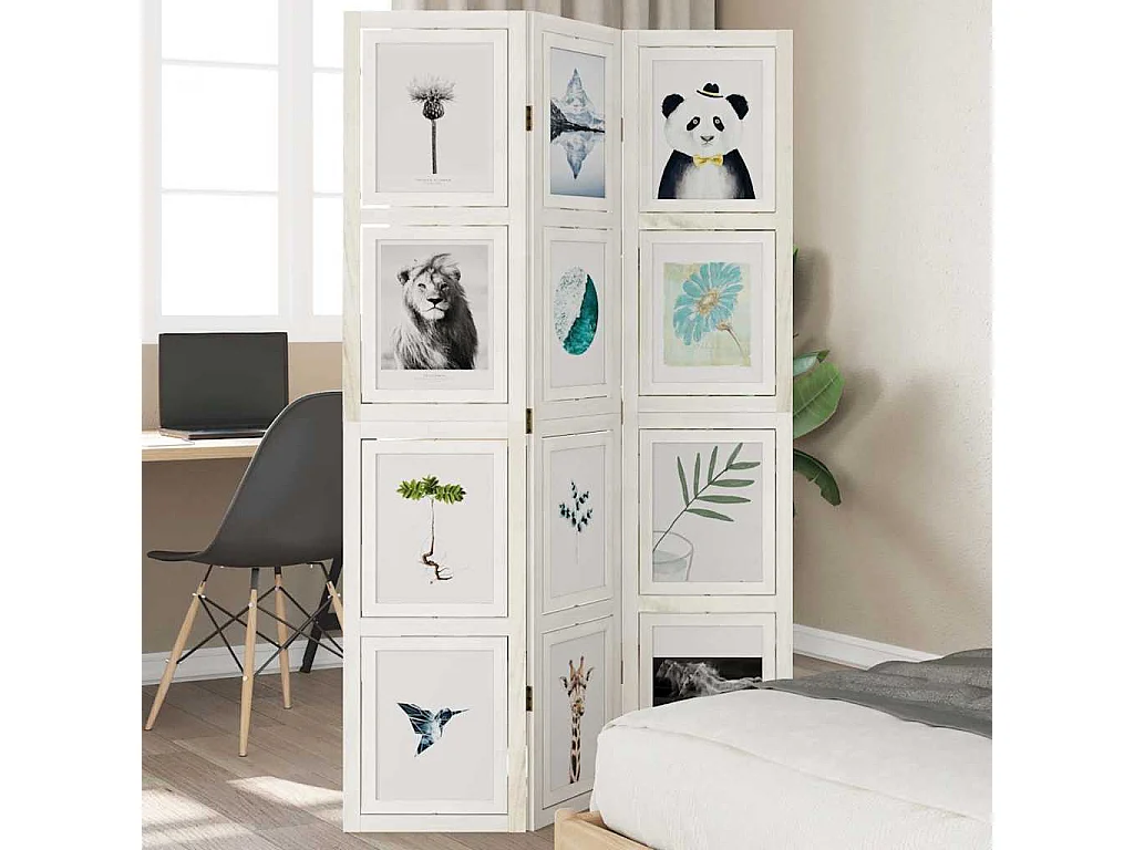 Parete divisoria a 3 pannelli in legno massello di paulonia bianco