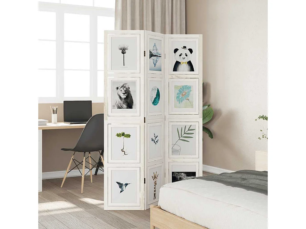 Parete divisoria a 3 pannelli in legno massello di paulonia bianco