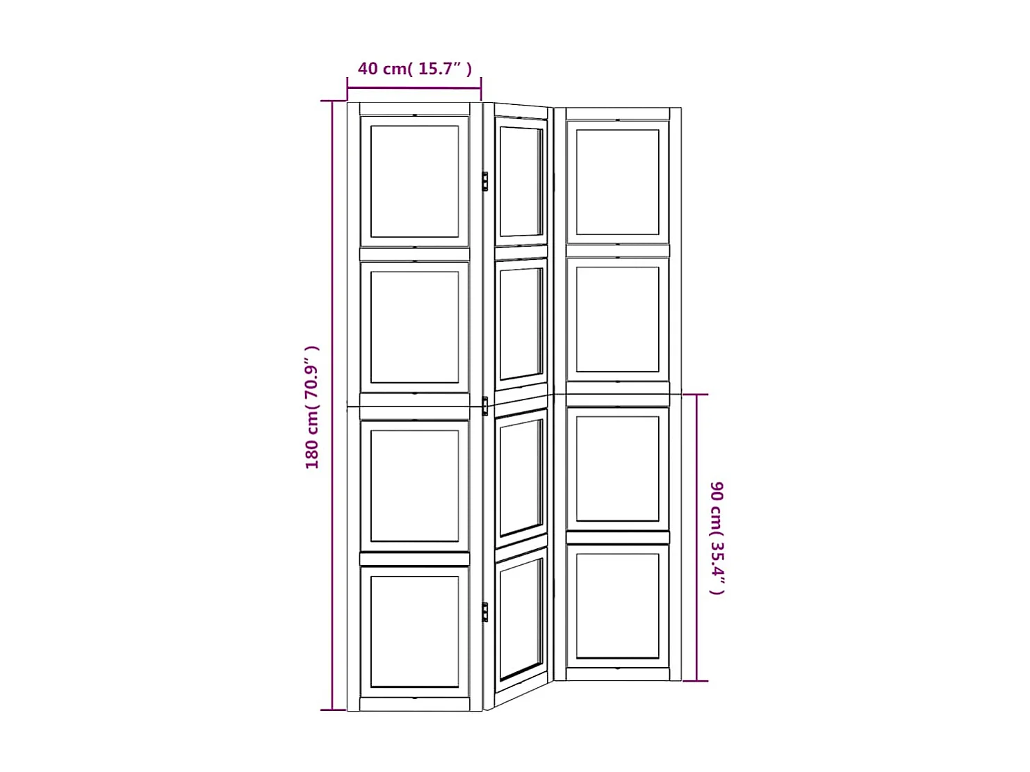 Parete divisoria a 3 pannelli in legno massello di paulonia bianco