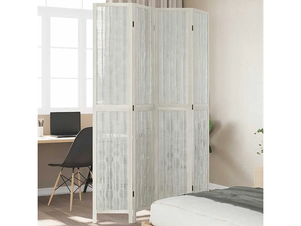 Parete divisoria a 4 pannelli in legno massello di paulonia bianco