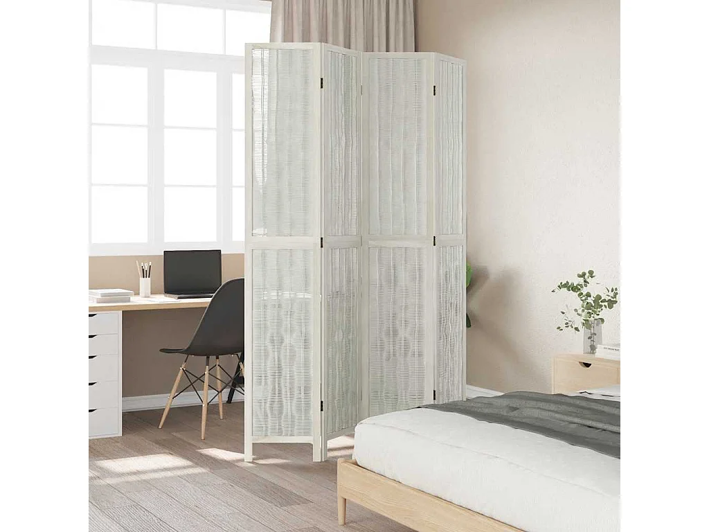 Parete divisoria a 4 pannelli in legno massello di paulonia bianco
