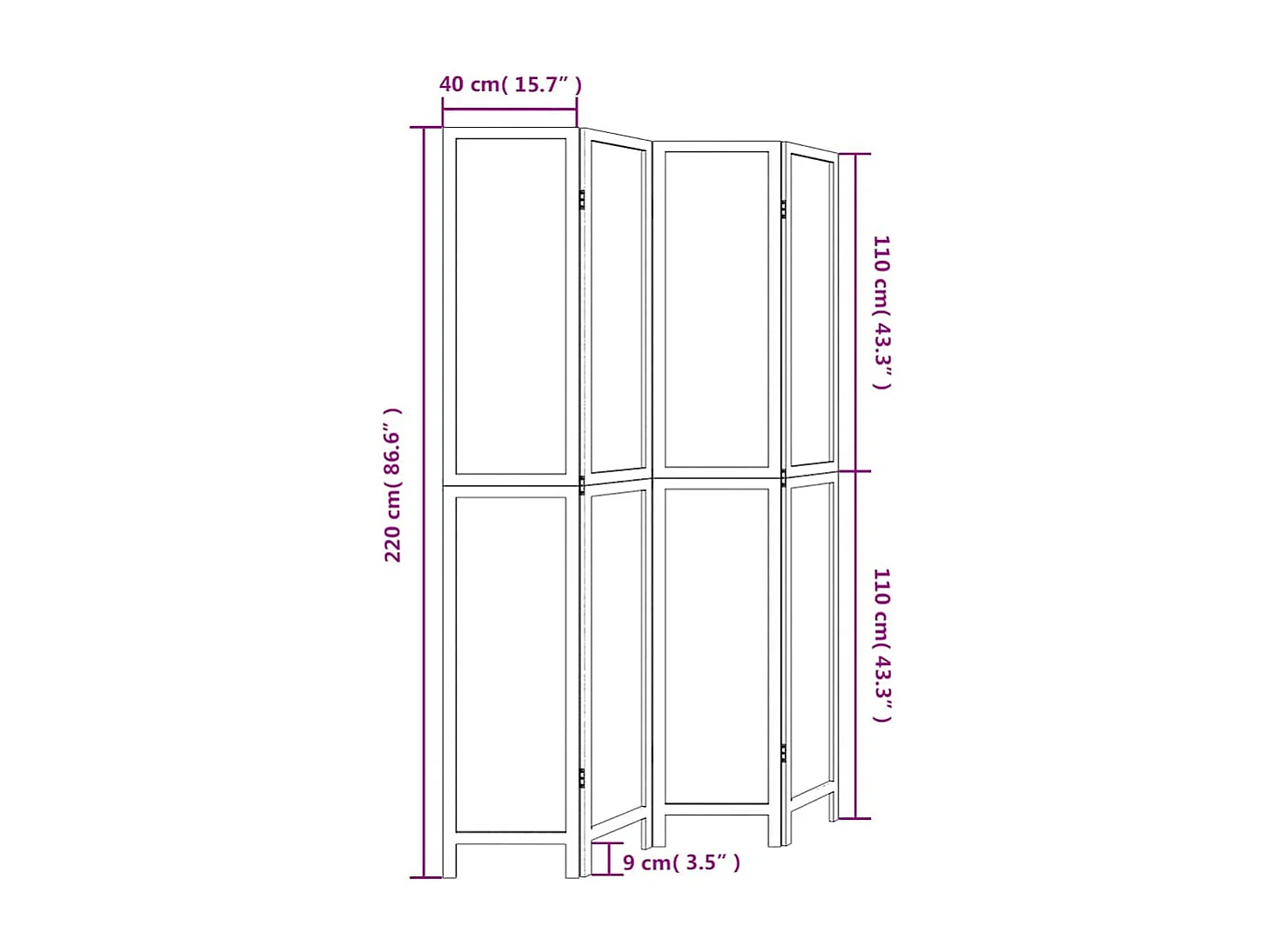 Parete divisoria a 4 pannelli in legno massello di paulonia bianco