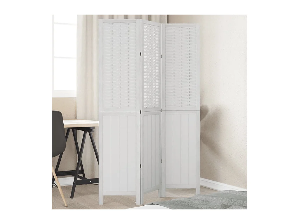 Cloison de séparation 3 panneaux blanc bois de paulownia massif