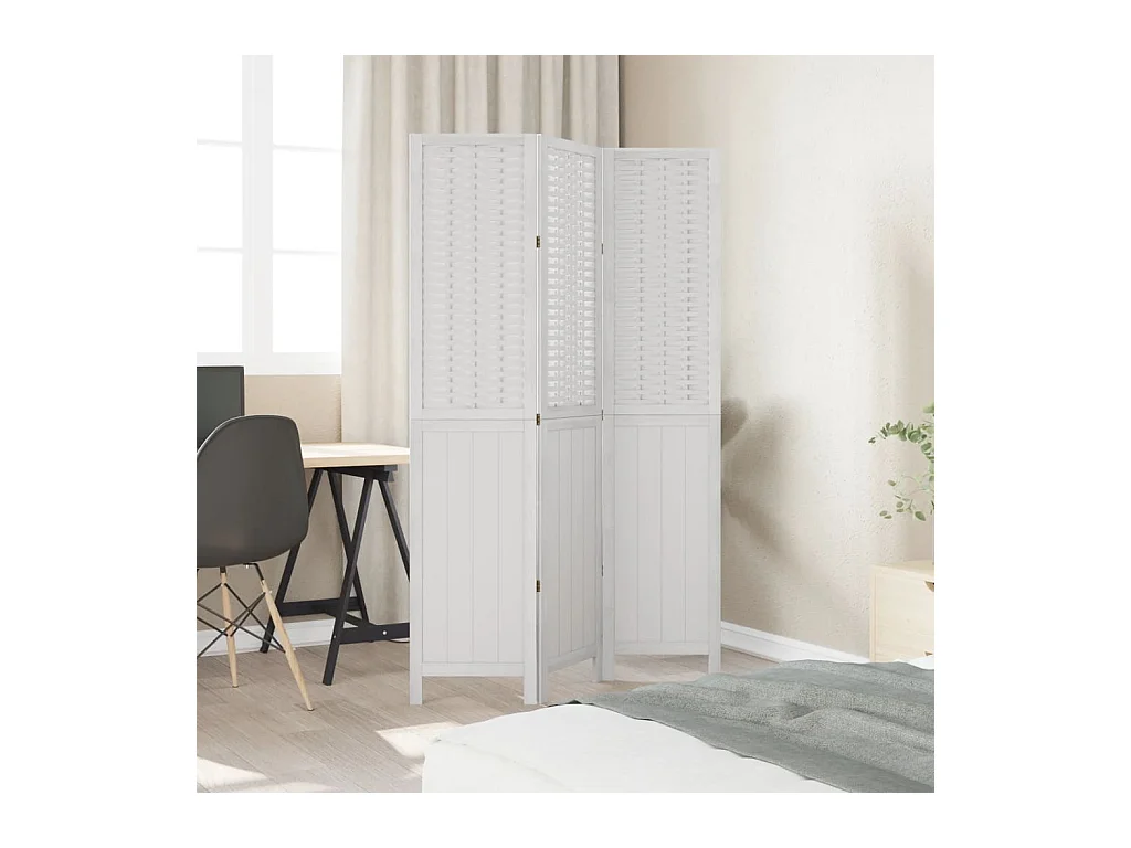 Cloison de séparation 3 panneaux blanc bois de paulownia massif