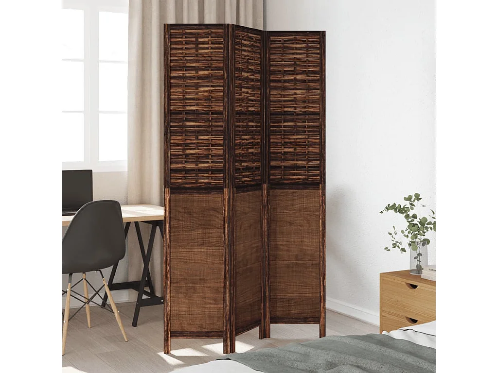 Cloison de séparation 3 panneaux marron foncé paulownia massif