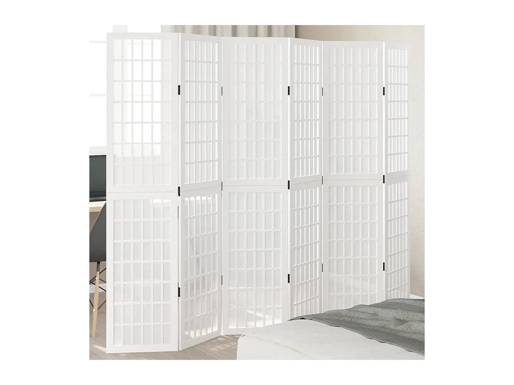 Cloison de séparation 6 panneaux blanc bois de paulownia massif