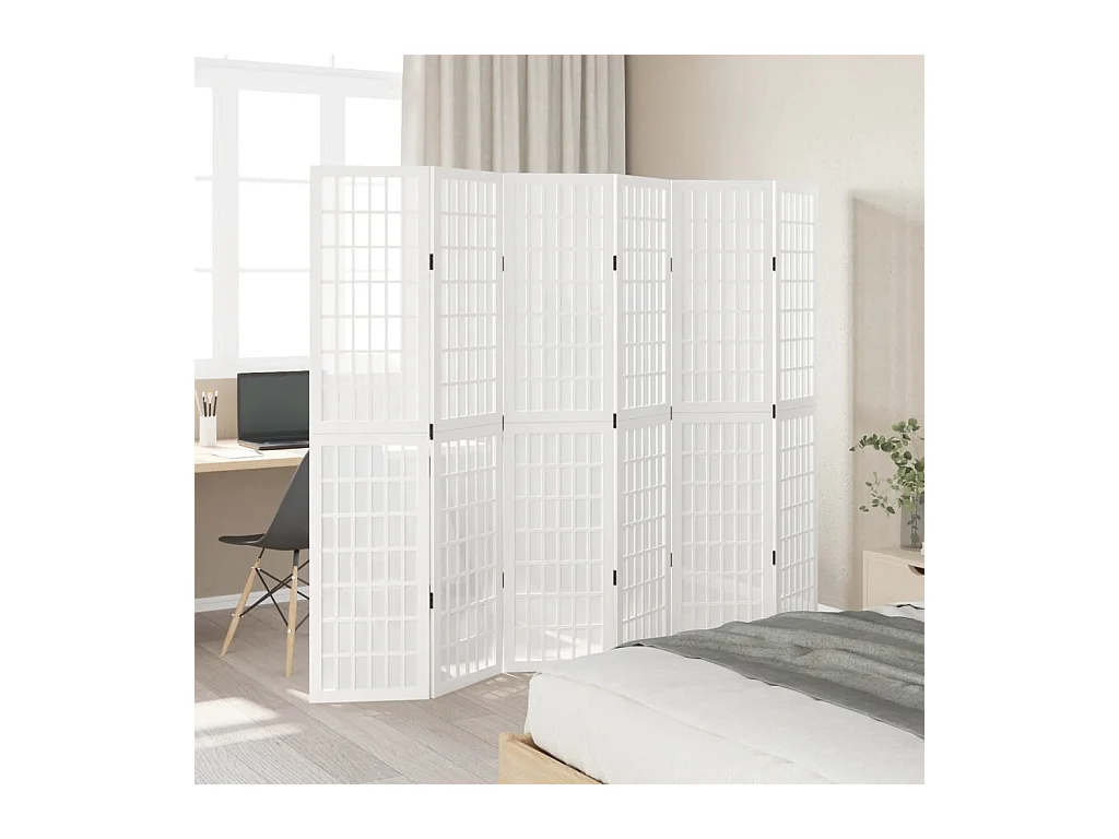 Cloison de séparation 6 panneaux blanc bois de paulownia massif