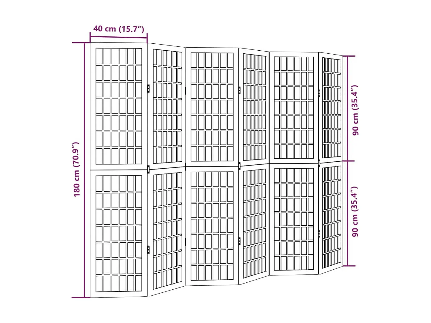 6-delige scheidingswand in wit, massief paulowniahout