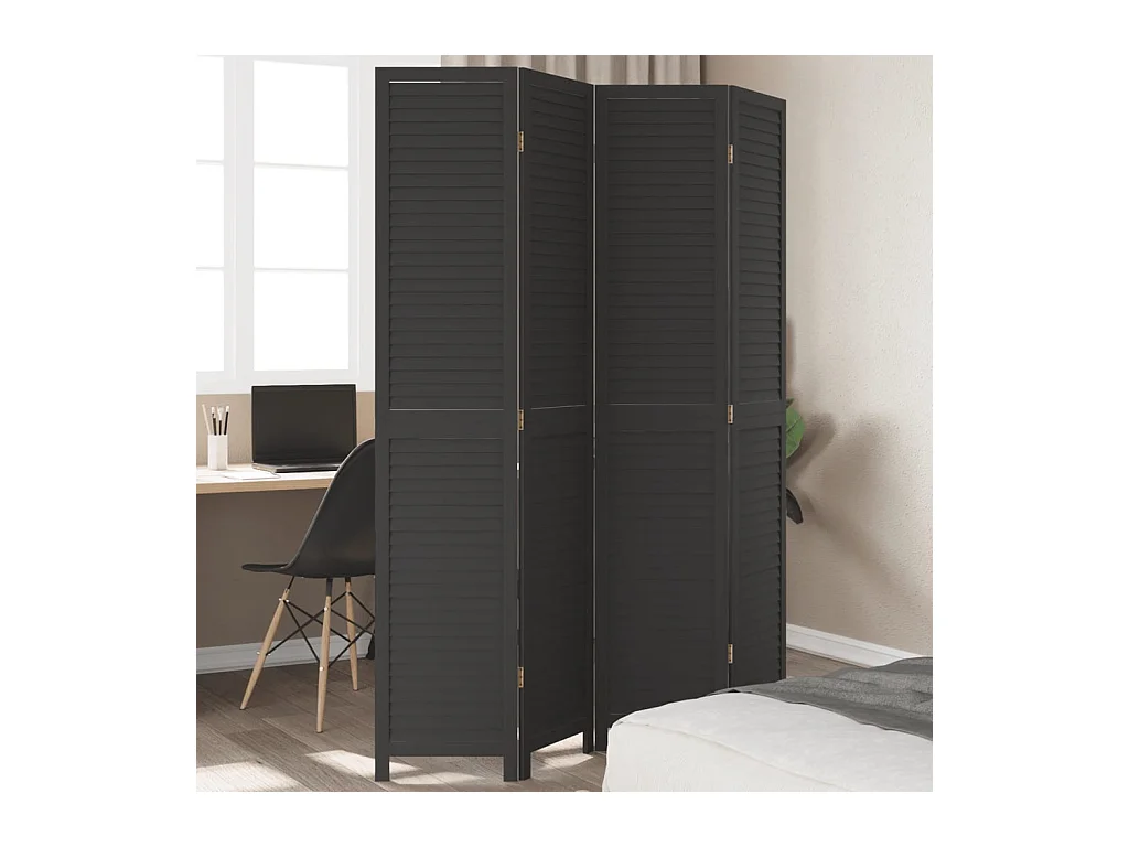 Cloison de séparation 4 panneaux noir bois de paulownia massif