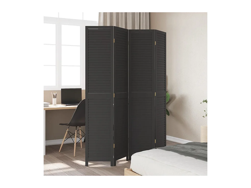 Cloison de séparation 4 panneaux noir bois de paulownia massif