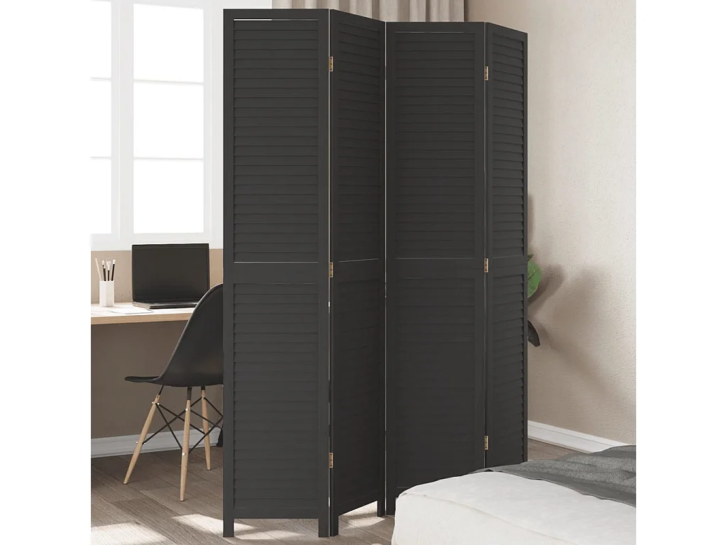 Cloison de séparation 4 panneaux noir bois de paulownia massif