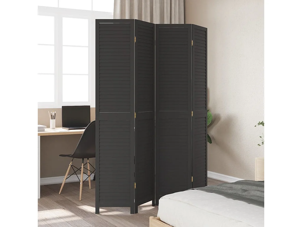 Cloison de séparation 4 panneaux noir bois de paulownia massif
