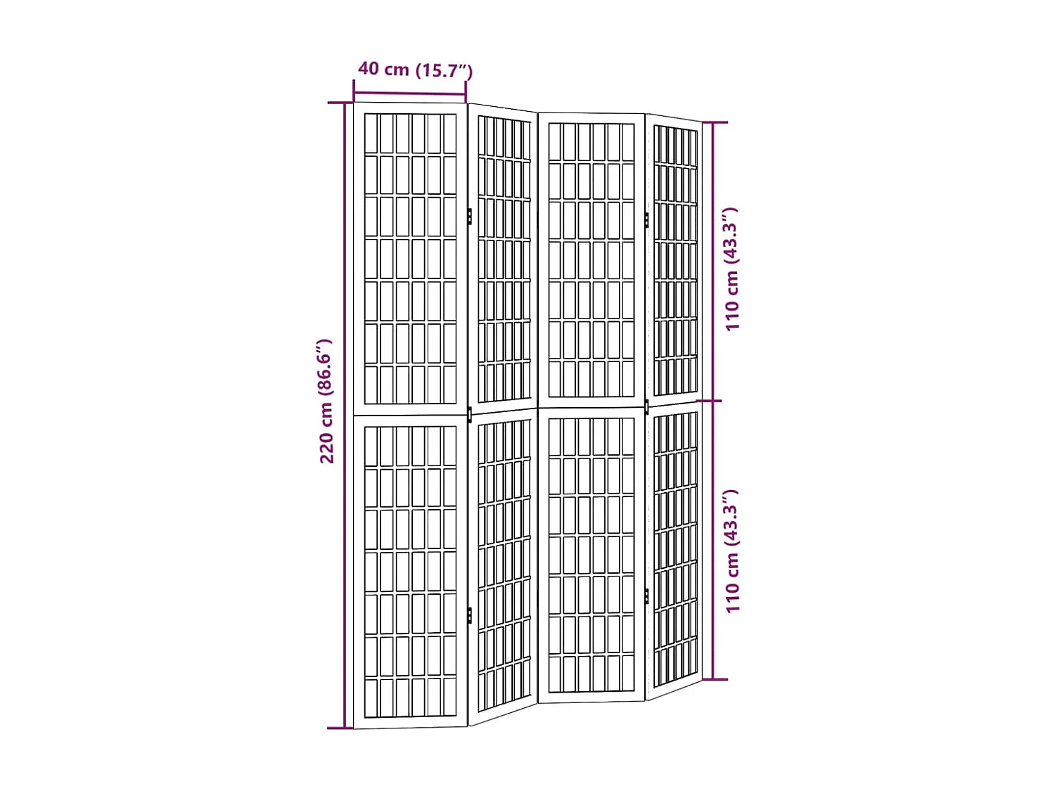 Tabique divisorio de 4 paneles en madera maciza de paulownia negra
