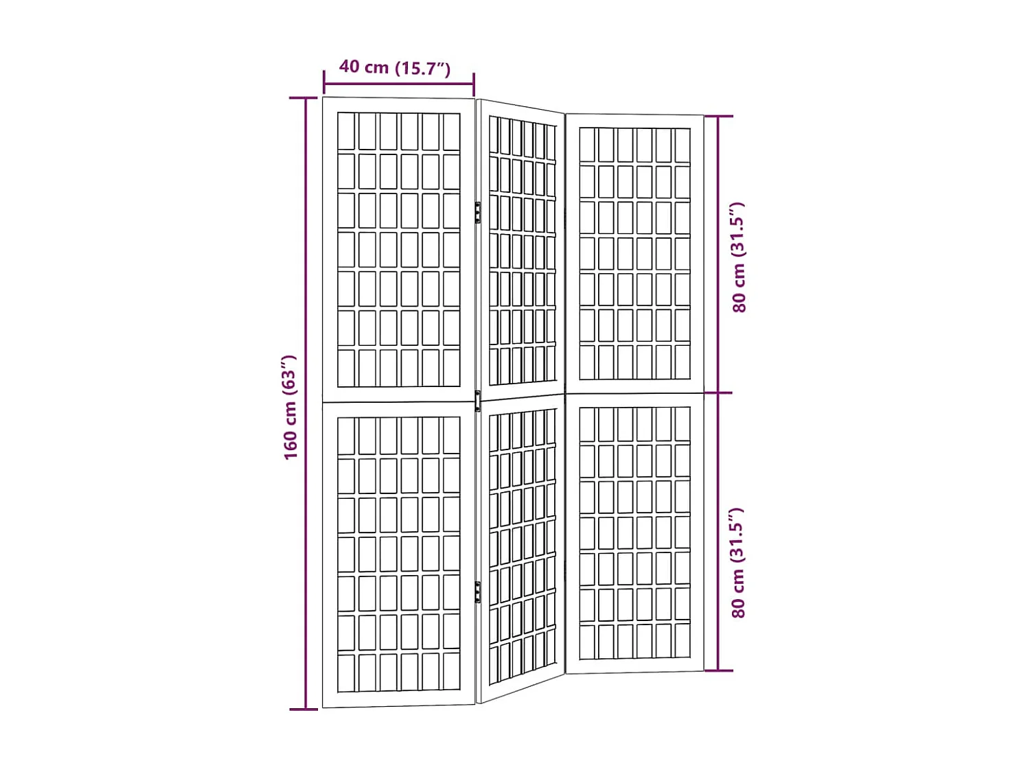 3-delige scheidingswand in wit, massief paulowniahout