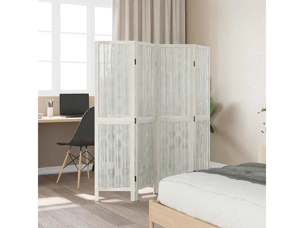 Parete divisoria a 4 pannelli in legno massello di paulonia bianco