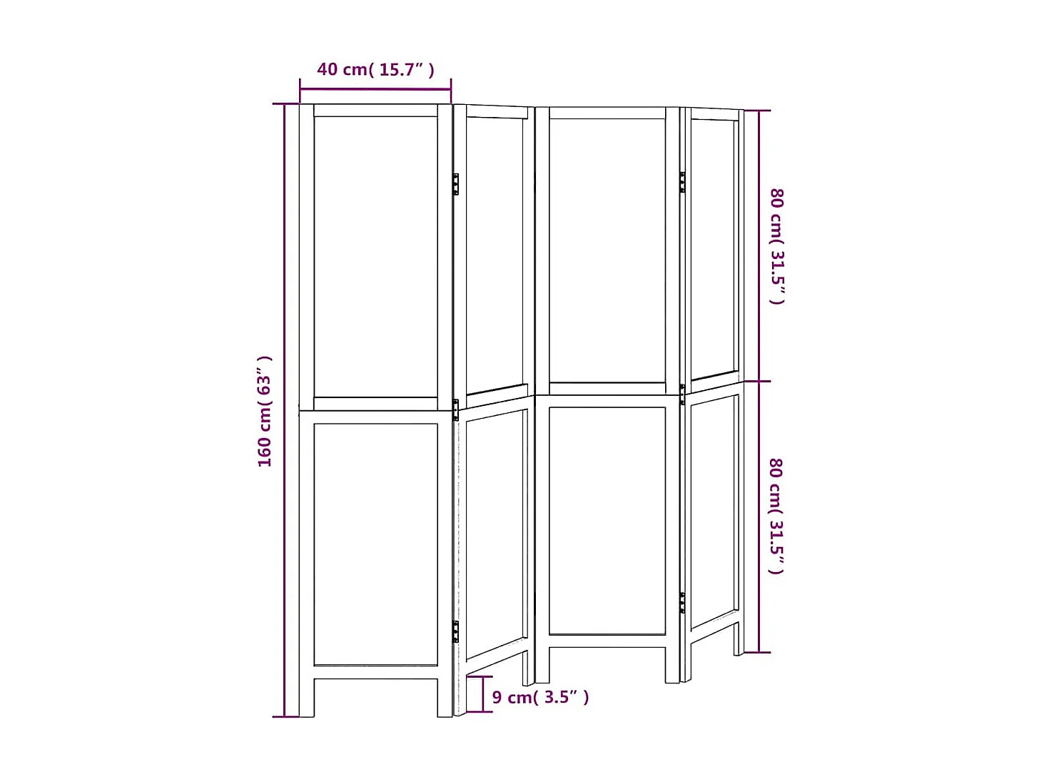 Parete divisoria a 4 pannelli in legno massello di paulonia bianco