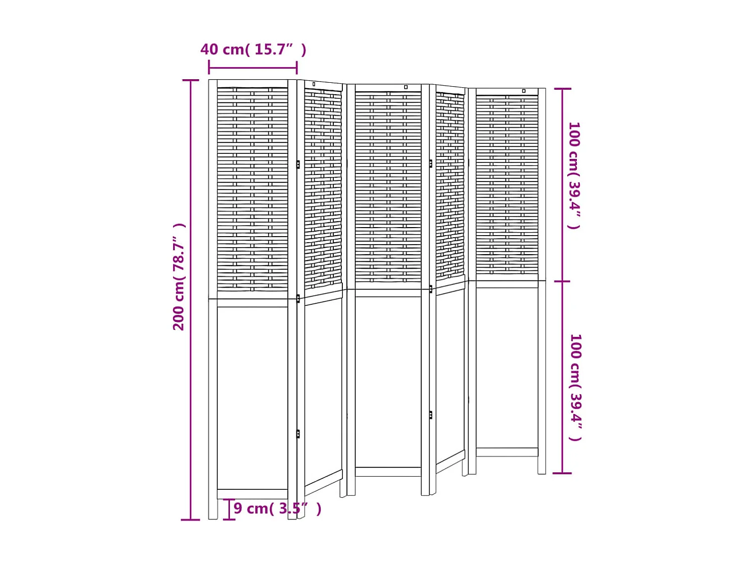 Parete divisoria marrone scuro a 5 pannelli realizzata in legno massello di paulonia