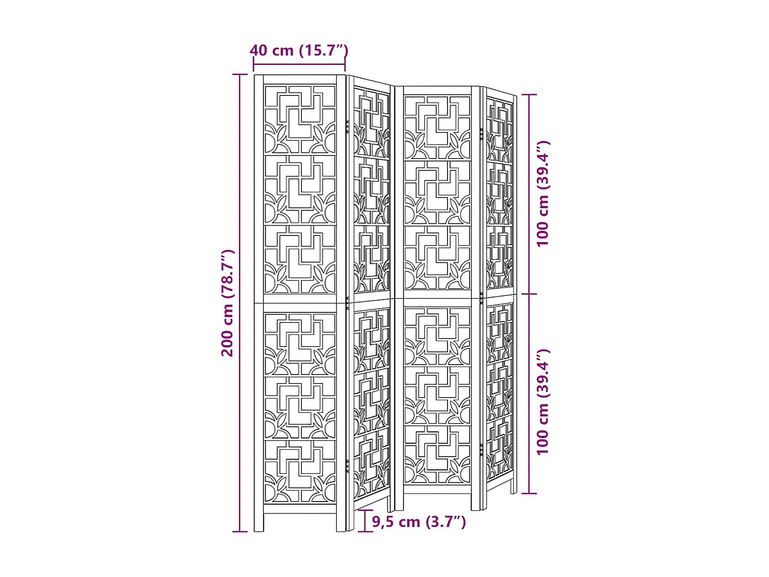 Tabique divisorio de 4 paneles en madera maciza de paulownia marrón