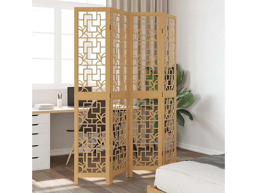 Parete divisoria a 4 pannelli in legno massello di paulonia marrone