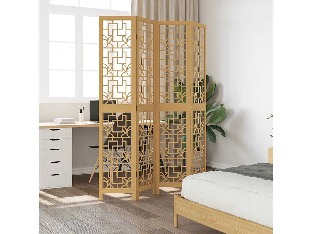 Parete divisoria a 4 pannelli in legno massello di paulonia marrone