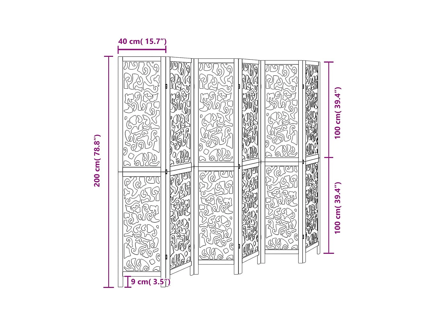 6-delige scheidingswand in zwart, massief paulowniahout
