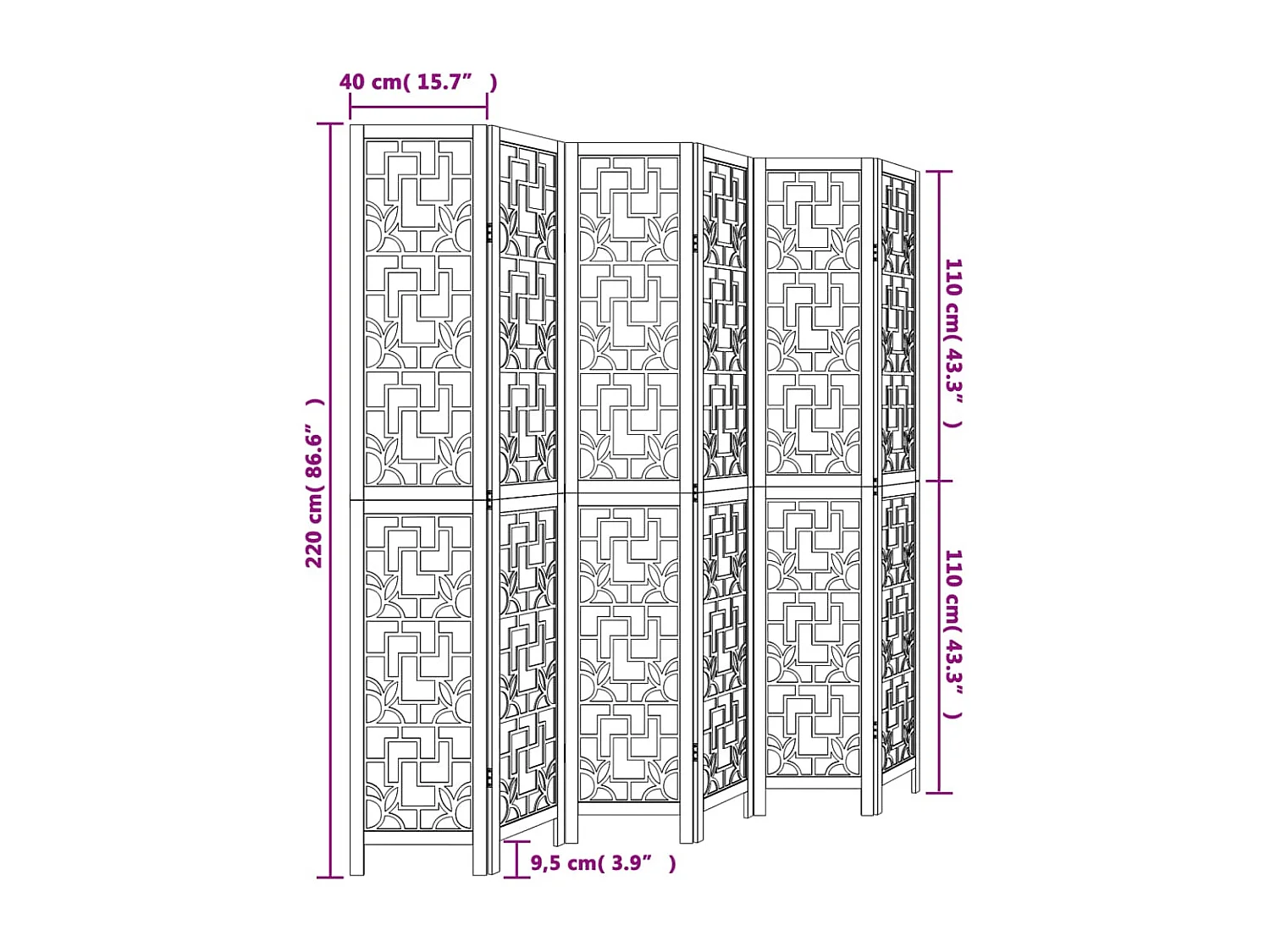 Parete divisoria a 6 pannelli in legno massello di paulonia marrone