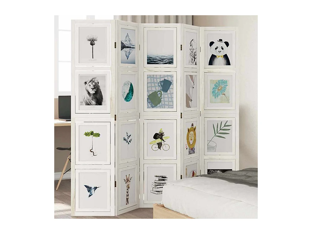 5-delige scheidingswand in wit, massief paulowniahout