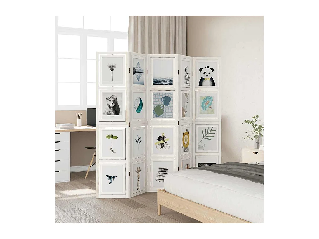 5-delige scheidingswand in wit, massief paulowniahout