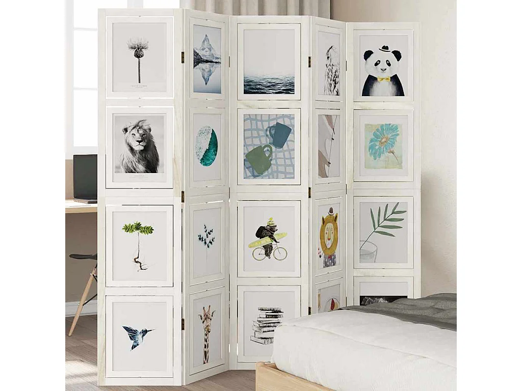 Parete divisoria a 5 pannelli in legno massello di paulonia bianco