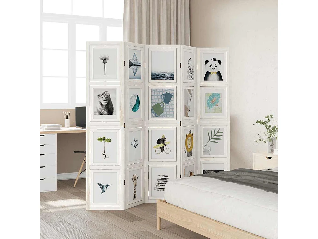 Parete divisoria a 5 pannelli in legno massello di paulonia bianco