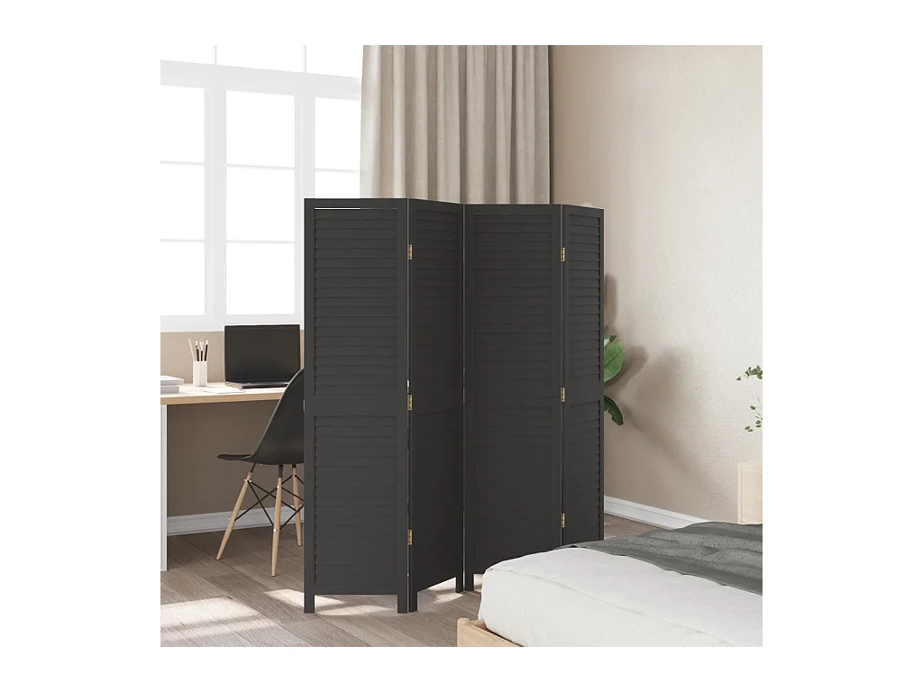 Cloison de séparation 4 panneaux noir bois de paulownia massif