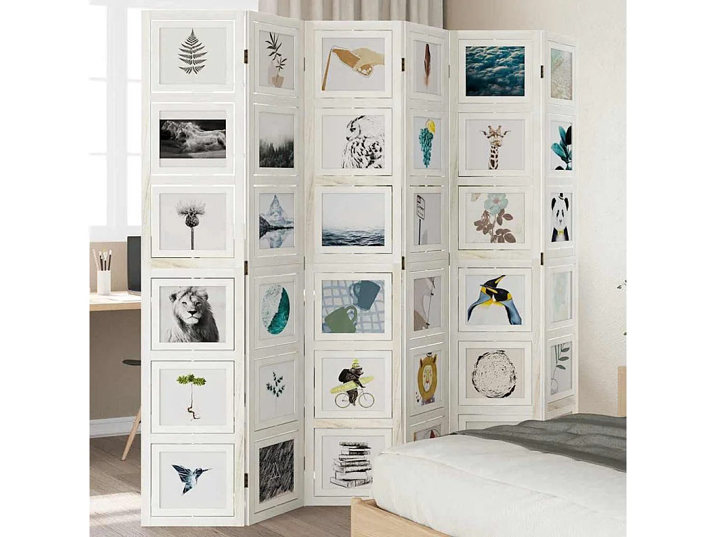 Parete divisoria a 6 pannelli in legno massello di paulonia bianco