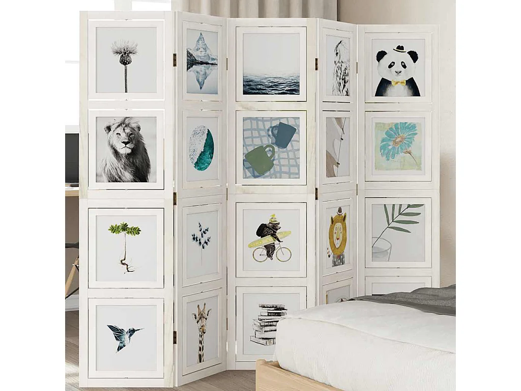 Parete divisoria a 5 pannelli in legno massello di paulonia bianco