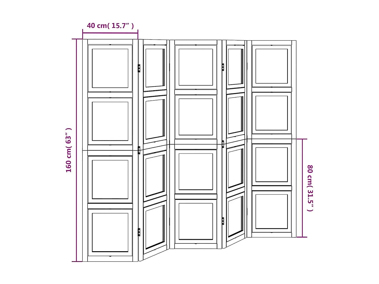 Parete divisoria a 5 pannelli in legno massello di paulonia bianco