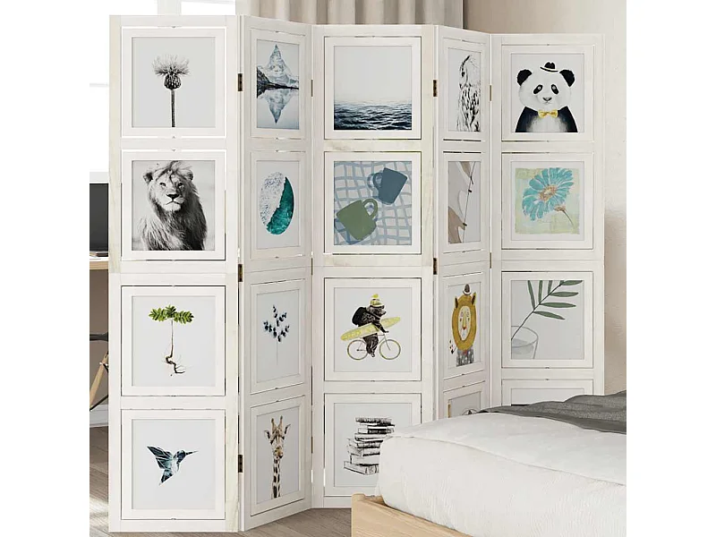 Parete divisoria a 5 pannelli in legno massello di paulonia bianco