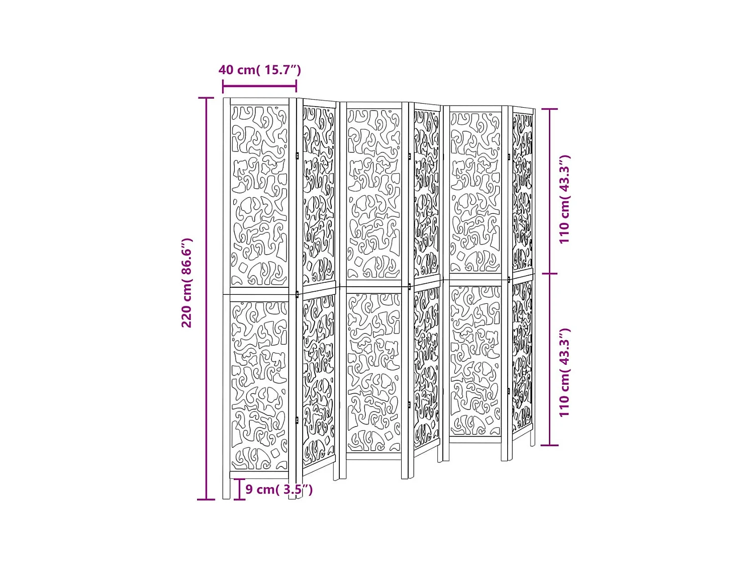 6-delige scheidingswand in zwart, massief paulowniahout