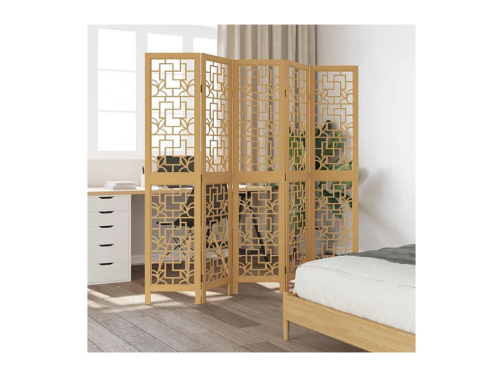 Tabique divisorio de 5 paneles en madera maciza de paulownia marrón